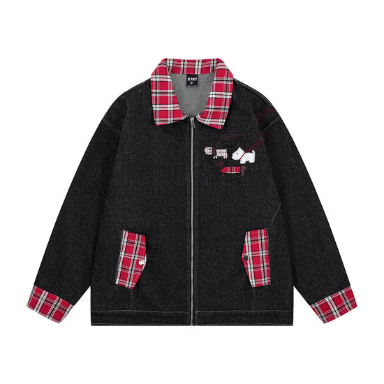 Funny Puppy Paste Cloth Embroidery Denim Contrast Color Patchwork Plaid Lapel Baggy Coat Men